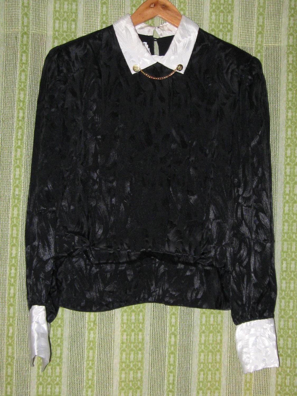 Vintage 80's 1980's Eighties Women Ladies Teen Plus Size Indie Preppy White Collar Hipster Secretary Pleated Black Blouse 20% OFF SALE