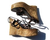 Vintage 90's 1990's Women Nineties Teen Wedges Sexy Grunge Summer Spring Peep Damask Platform Sandals Open Toe Shoes Size 6.5 30% OFF SALE
