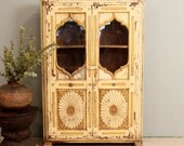 SALE Antique Distressed Rustic Hand Carved Bright Yellow Indian Cupboard