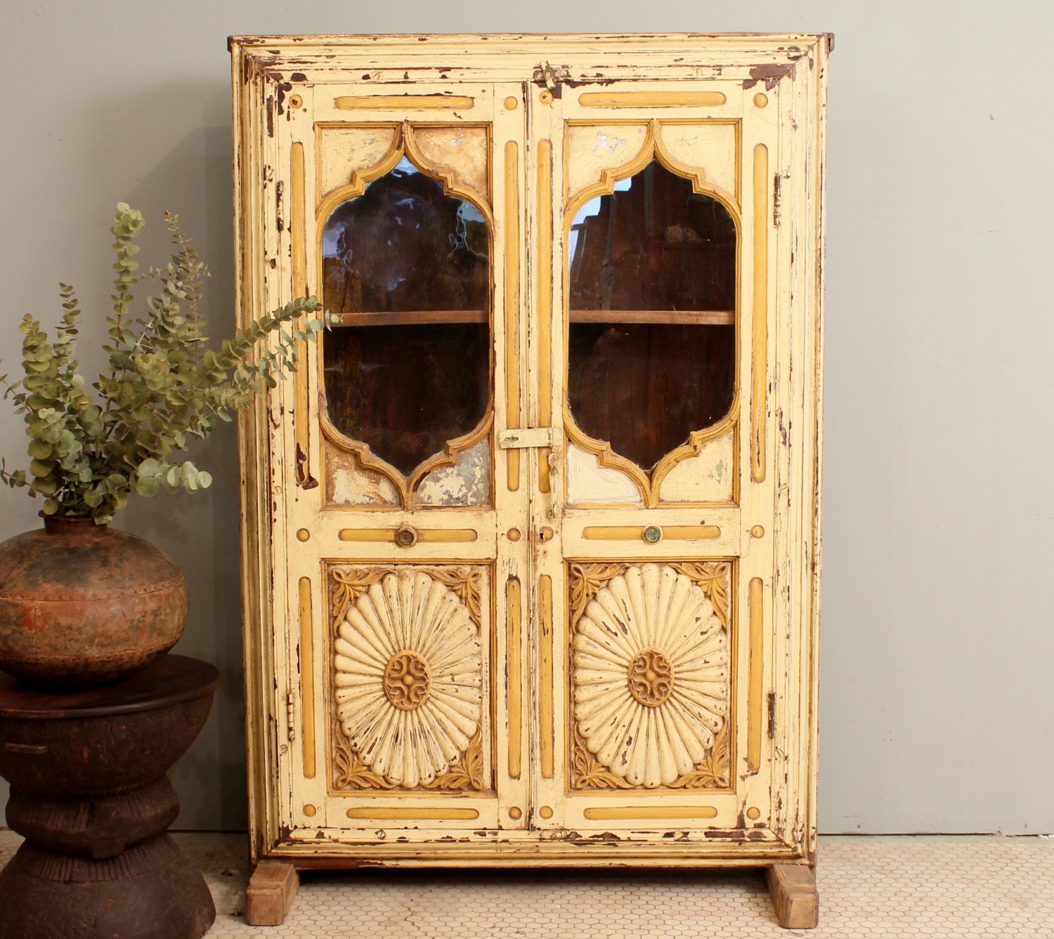 SALE Antique Distressed Rustic Hand Carved Bright Yellow Indian Cupboard