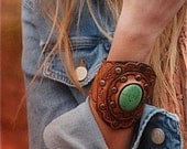 Tooled Leather Boho Cuff Green Turquoise Stone Tooled Design Wide Boho Karen Kell Collection