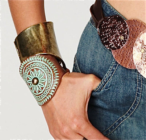Leather Cuff  Tribal Chocolate Brown Leather pale Green Wash Karen Kell Collection