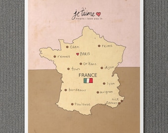 I Love You in France 8x10 / French Map, Typography Poster, Giclee, Modern Baby Girl Pink Nursery Decor, European Travel Theme, Digital Print