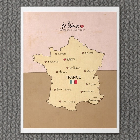 I Love You in France 8x10 / French Map, Typography Poster, Giclee, Modern Baby Girl Pink Nursery Decor, European Travel Theme, Digital Print