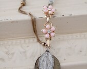 Vintage Blessed Mother Pink Rhinestone  religious medal Assemblage Necklace