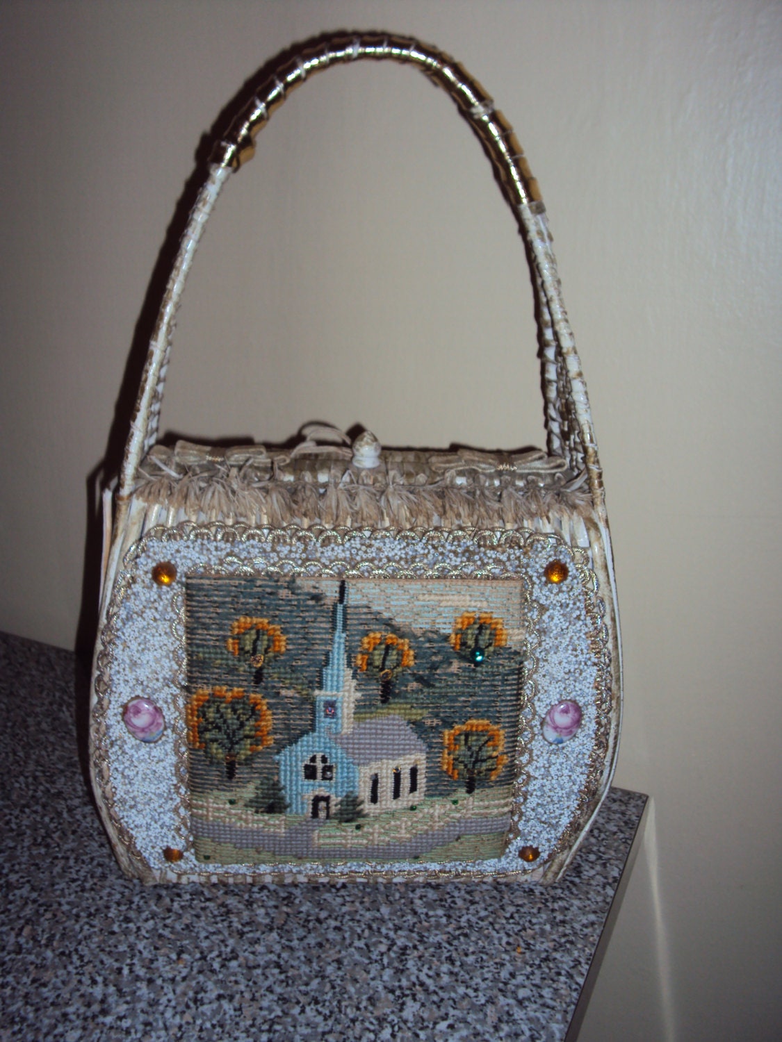SPRING SALE Vintage Jeweled Soure Bag New England Scene w/Children Needlepoint Beaded