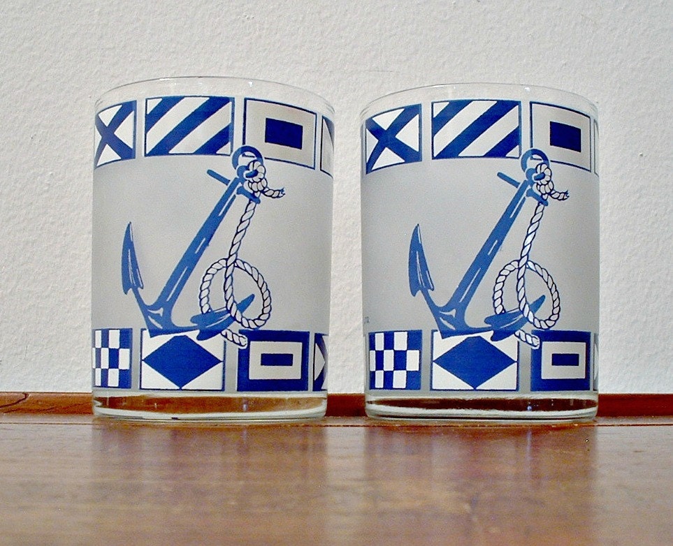 Vintage Culver Glasses Nautical Flags Anchor  Blue White Rocks Set of 2 Signed