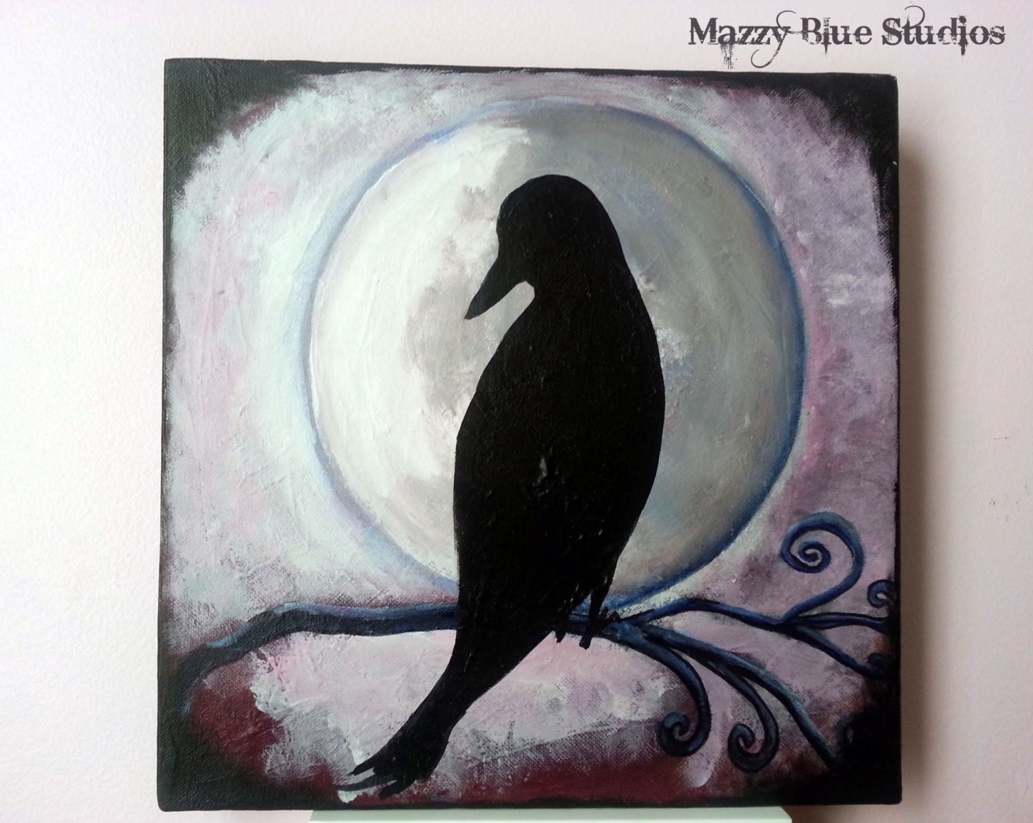 ART Painting ORIGINAL Acrylic Whimsical BIRD Wall Art - Black Bird On a Moonlit Night - Signed by Artist Selina Farmer