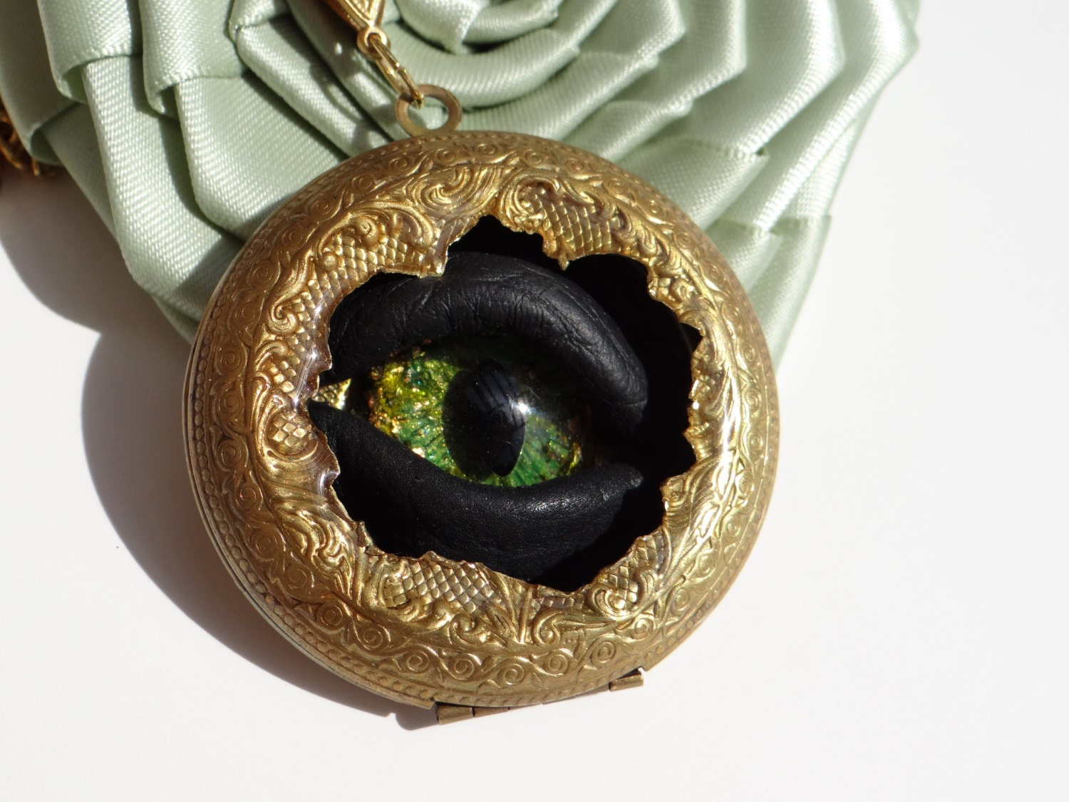 Steampunk Necklace Sightmares Bio Mechanical Eye Kryptonite Green and Gold Eye in Gold Brass  by Dr Brassy Steamington