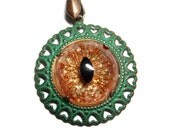 Sightmares Mini Baby Dragons Eye Necklace in Copper and gold opal in verdigris green copper brass by Dr Brassy Steampunk