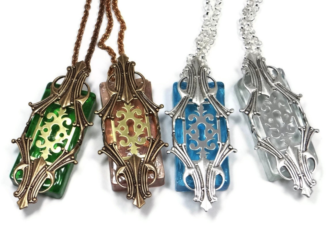 Steampunk Necklace Passages with Escutcheon by Dr Brassy Steampunk Opalescent Glass and Art Deco Brass Silver or Antique Gold Brass Custom