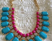 New Release, Turquoise Blue, Rhinestone Chunky Gold Chain Statement Bib Necklace