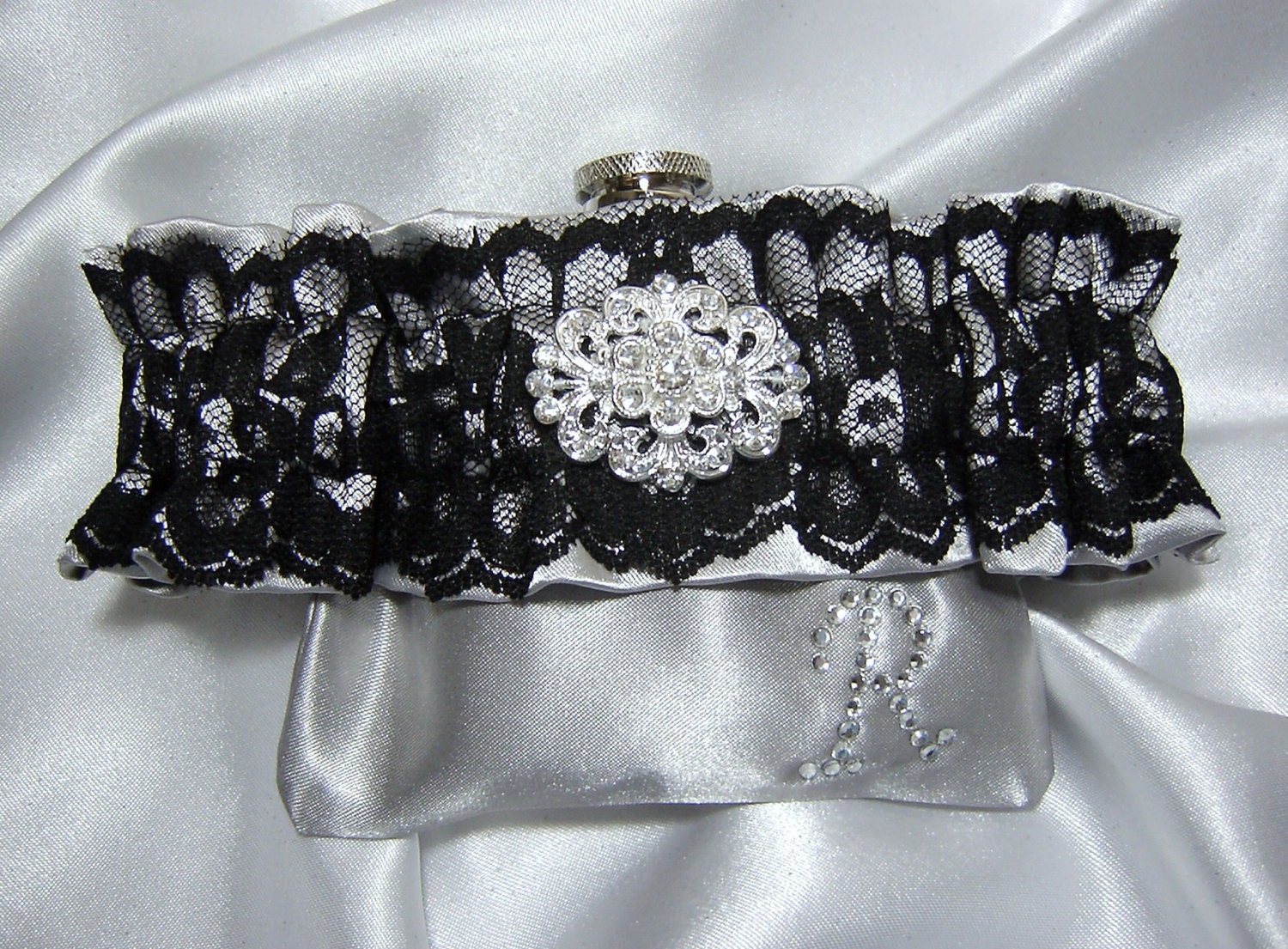 Flask Garter - Personalized Black Lace Flask Garter w/ Brooch Style Crystal Embellishment - 3 oz Flask Included - Available in Many Colors