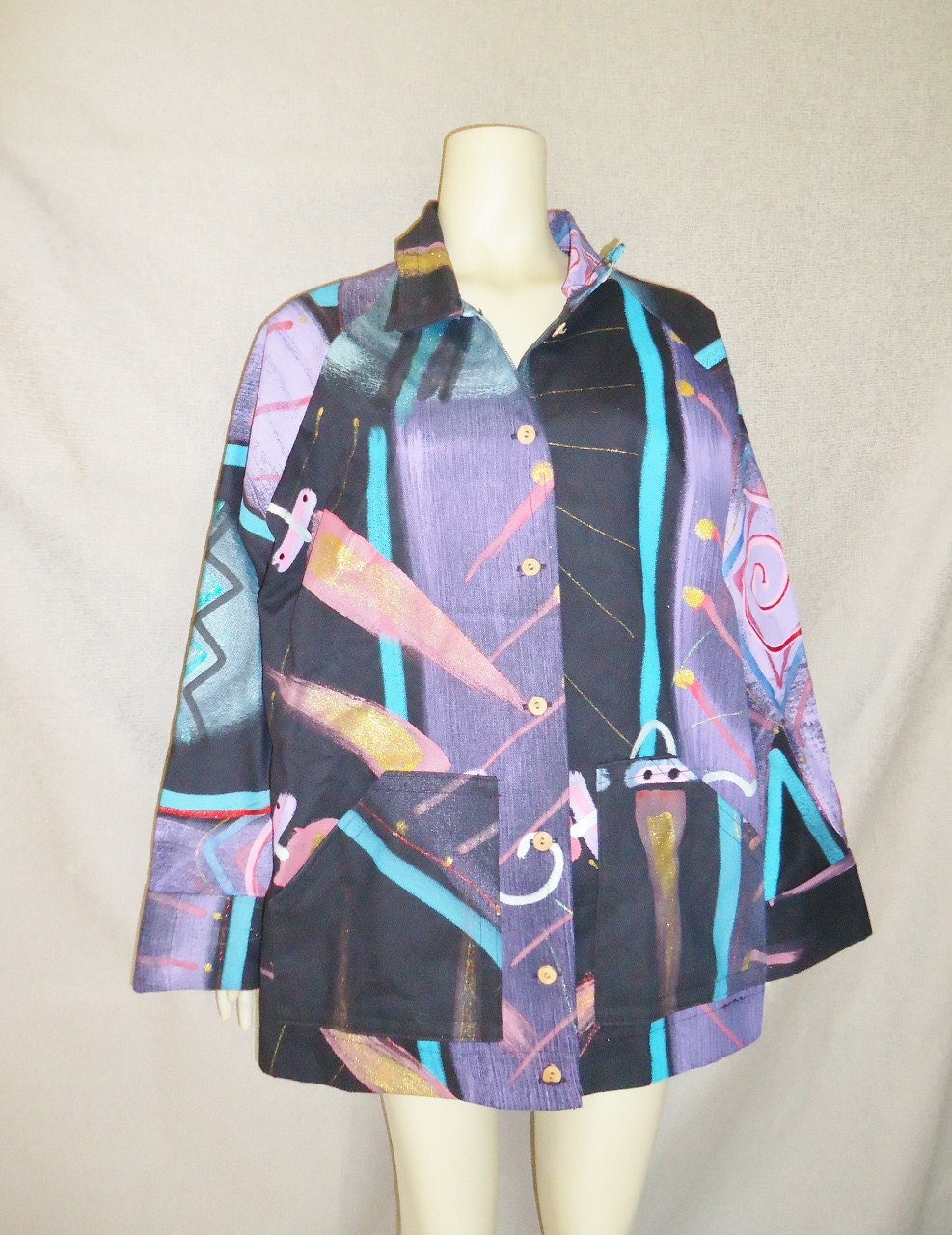 Handpainted Abstract New Wave Vintage 1980's Oversized Jacket Coat L XL