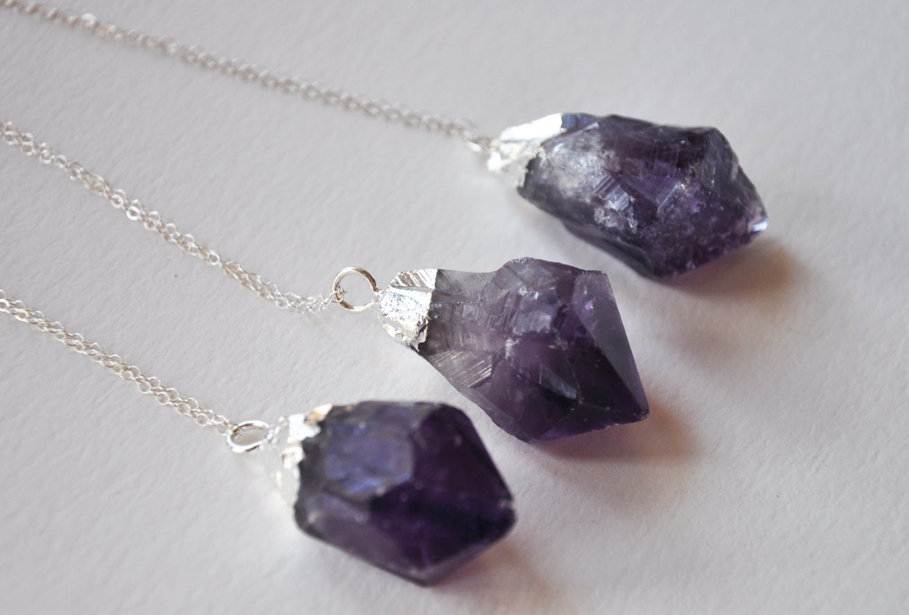 Raw Amethyst Electroplated Dipped Rock - Sterling Silver 925 Chain Necklace - Rough Cut - February Birthstone