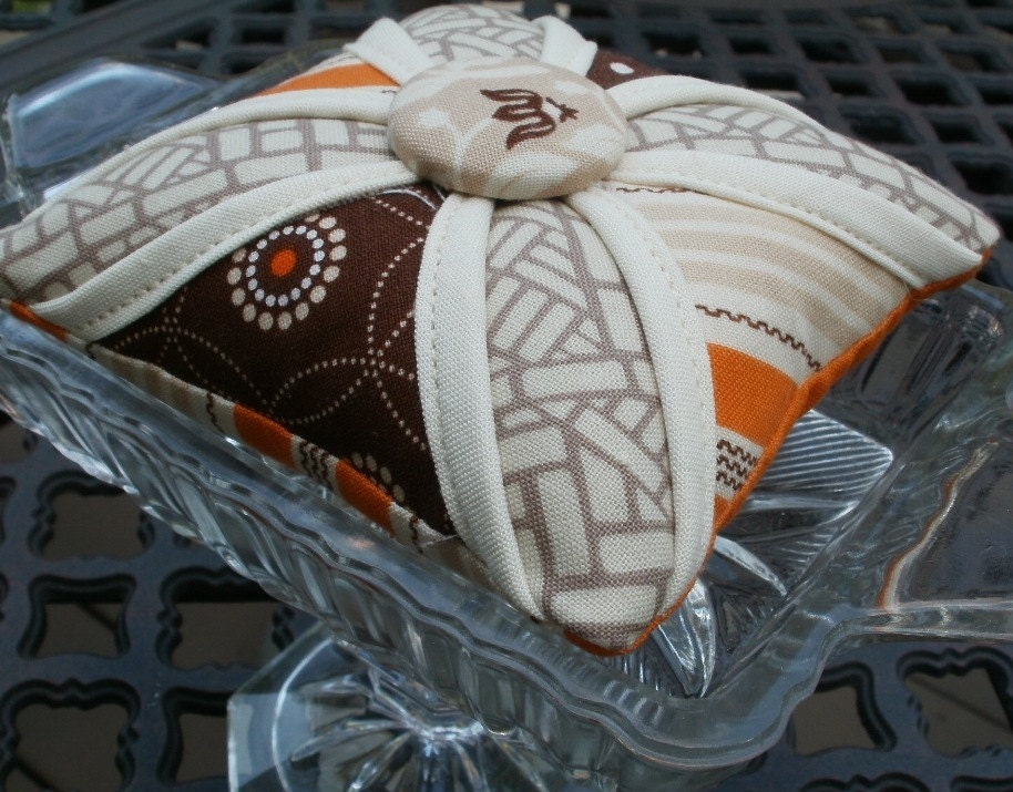 Cathedral Window Pincushion in Mocha and Orange Aviary Prints