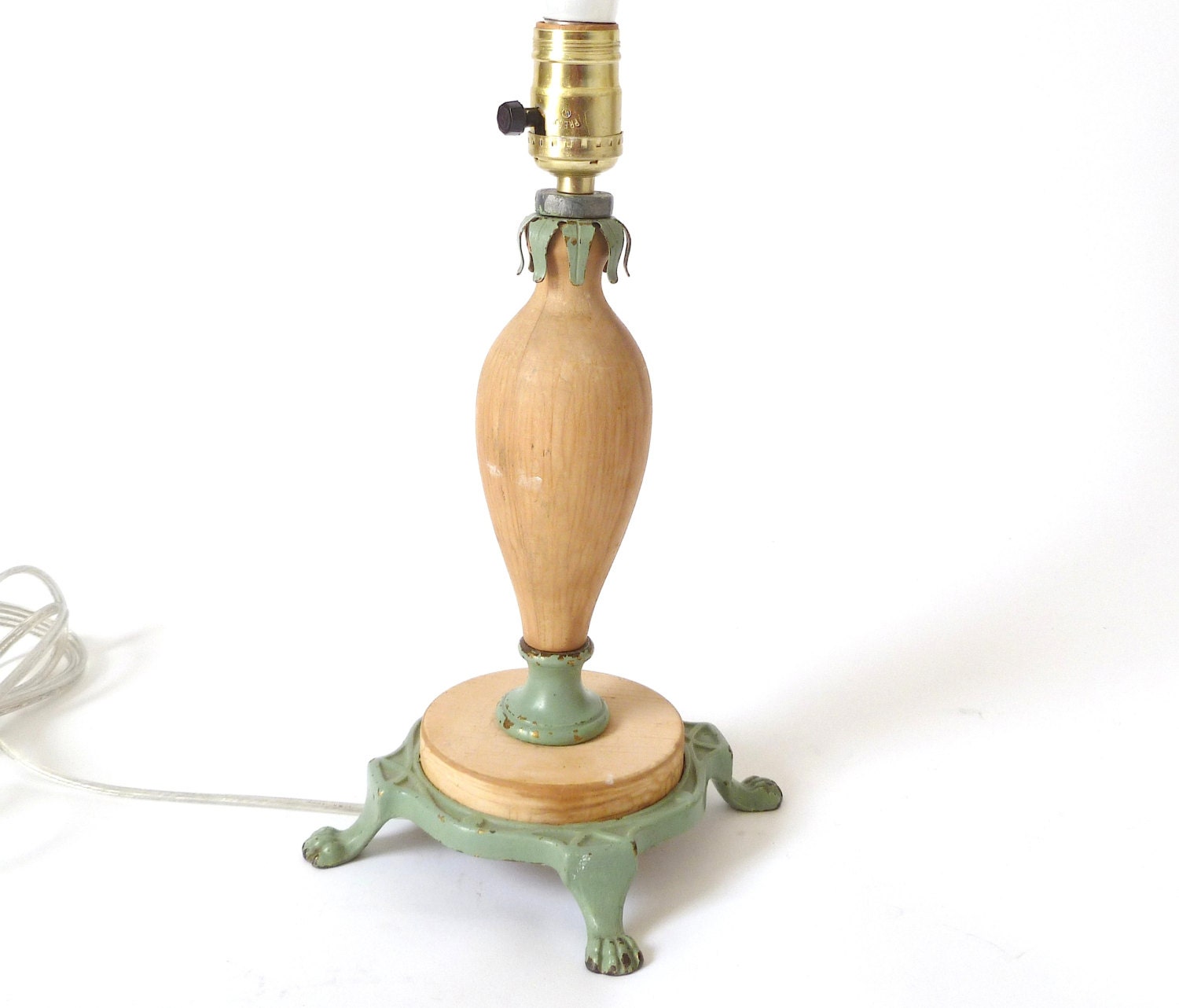 Vintage Small Cast Iron and Wood Table Lamp ... Candlestick Lamp, Bedside Lamp, Shabby Green