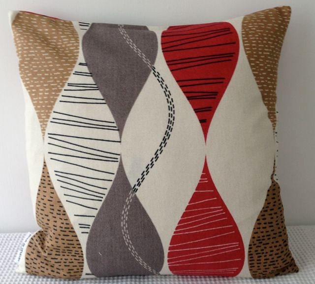 Retro waves in red, brown and grey on beige background cushion cover, contemporary designer slip cover, throw pillow