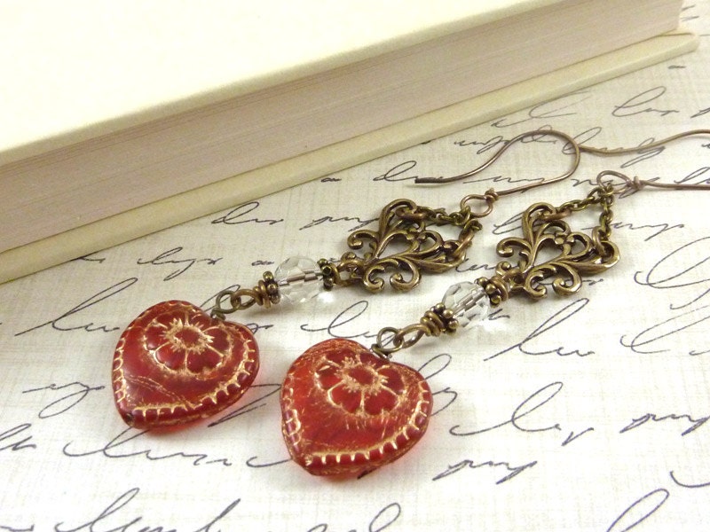 Victorian Heart Earrings Red Glass Hearts Antique Brass Filigree Vintage Style Long Dangles Valentines