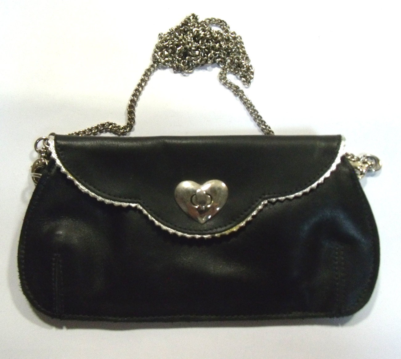 Winter Sale - Gorgeous black leather clutch with silver heart