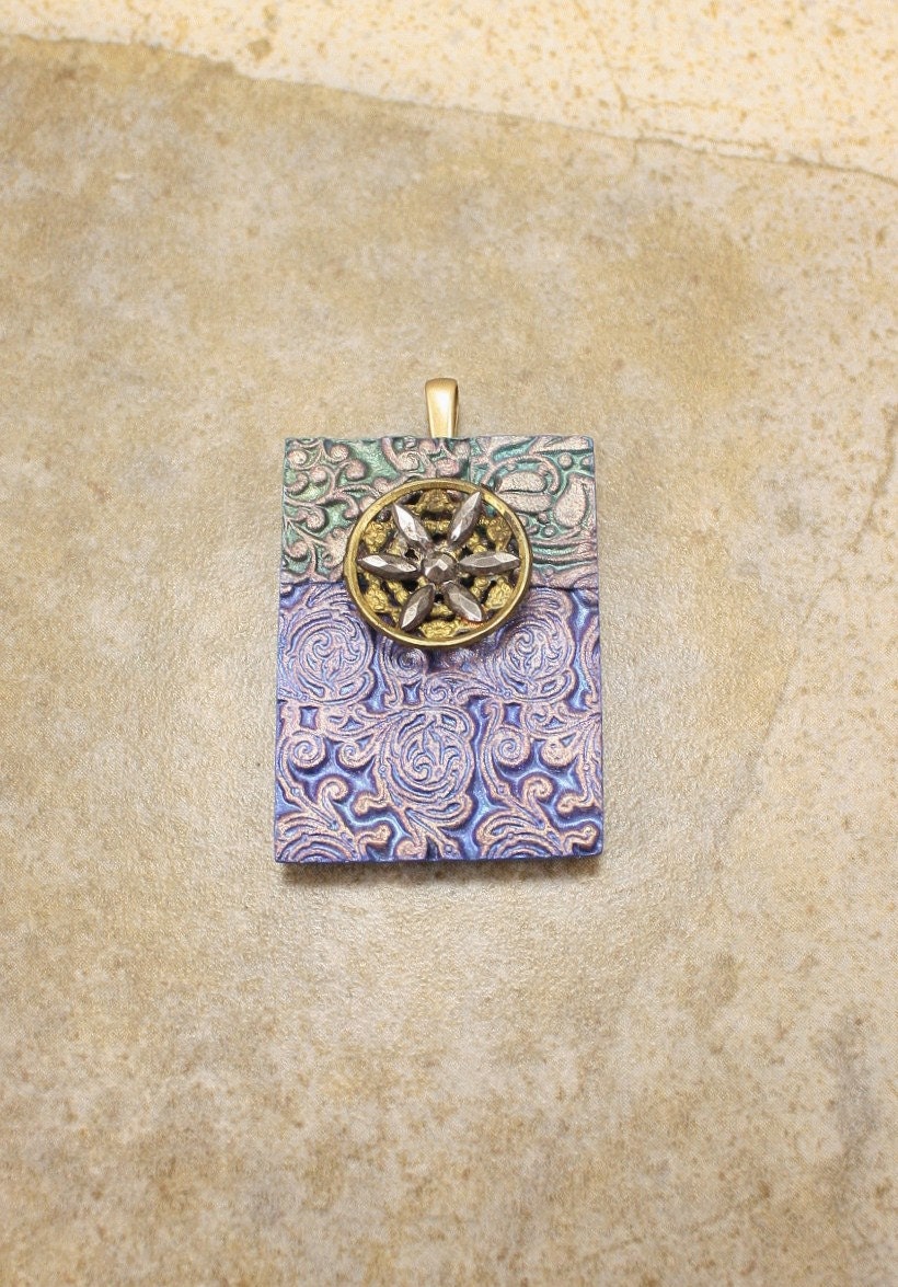 Floral Pendant Brass Silver Cobalt Blue Seafoam Sage Green Colorful Mixed Media Pendant One of a Kind Art Bead