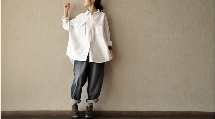 Loose Fitting Linen Long Shirt Blouse for Women  - White -Long Sleeved Women Spring Dress (R)