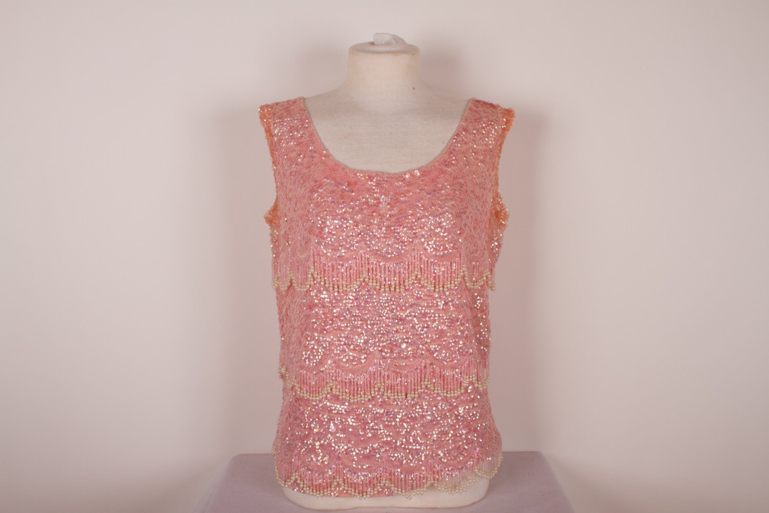 Vintage 1960s Beaded Top / 60s Pink Sequin and Pearl Beaded Sweater / Mad Men / L - ladyscarletts