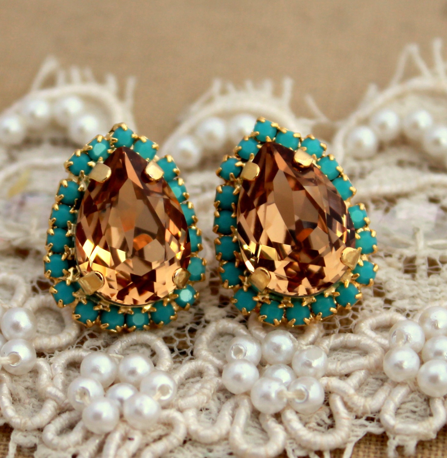Turquoise Champagne Crystal big teardrop stud earring - 14 k plated gold post earrings real Champagne and turquoise Swarovski rhinestones .