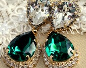 Emerald chandelier earring - 14 k plated gold  earrings real Swarovski green emerald crystals.