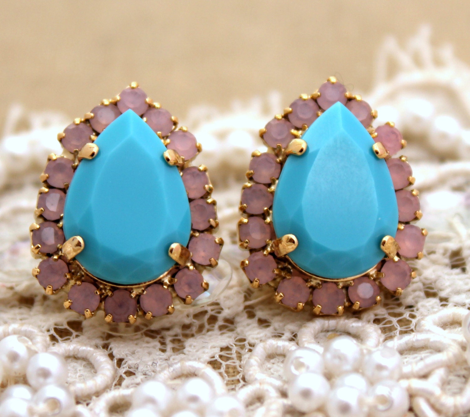 Turquoise pink  vintage Crystal big teardrop stud earring - 14 k plated gold post earrings real swarovski rhinestones.