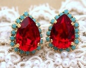 Ruby Red Turquoise Crystal big teardrop stud earring - 14k plated gold post earrings real swarovski rhinestones .
