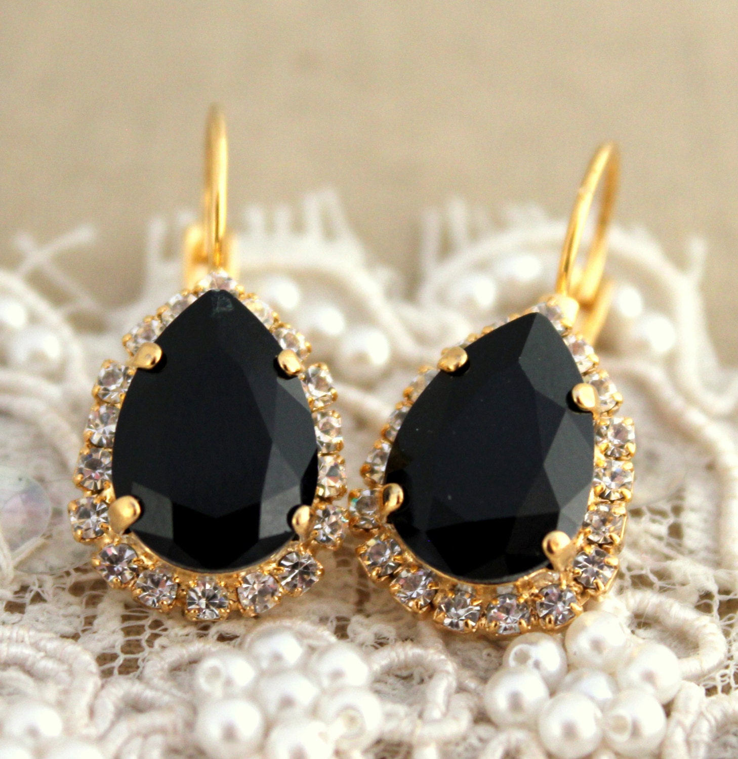 Black and white Crystal teardrop hook earring - 14 k  earrings real swarovski rhinestone