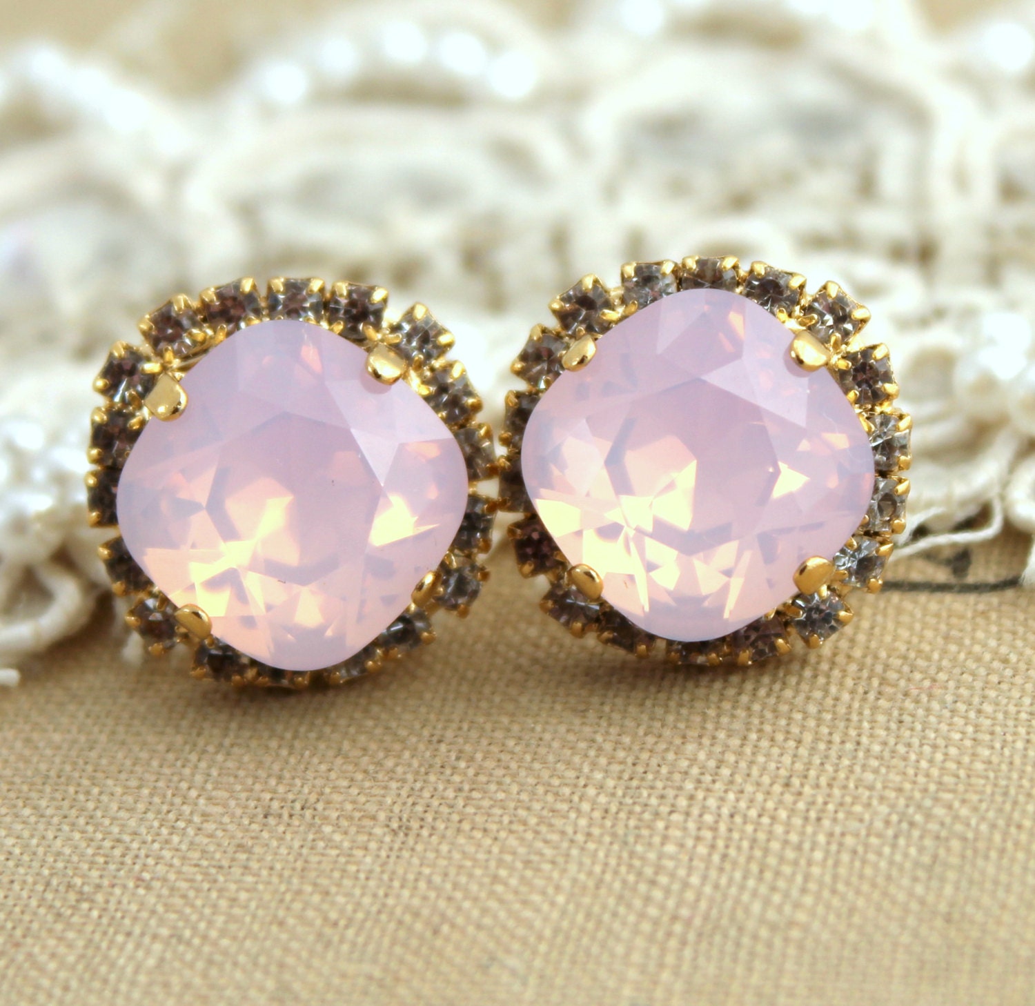 Crystal stud Opal big pink earring - 14 k plated gold post earrings real swarovski rhinestones .