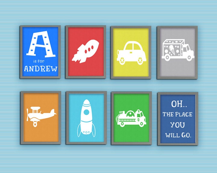 CarS for Kids Print Set. Automobiles Transportation Gallery. Set of 8, 5X7, Nursery room, baby boy, Birthday Gift, Artwork