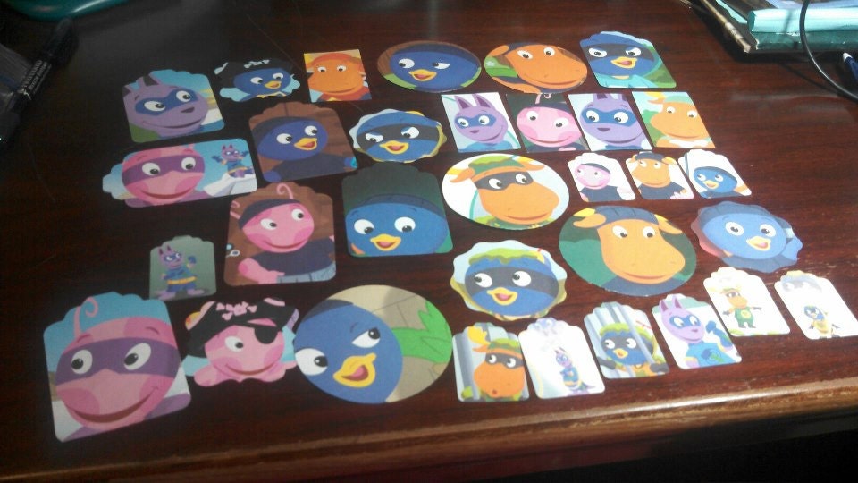 Backyardigins Scrapbooking die cuts set of 32 pc, Super heroes, pirates, card making, party decor, from upcycled book, tags, paper piecings