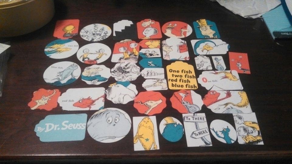 One Fish Two fish Red Fish blue Fish Scrapbooking Die cuts, Card making, upcycled book, 45 pcs, Dr Suess, embellishments, party/table decor