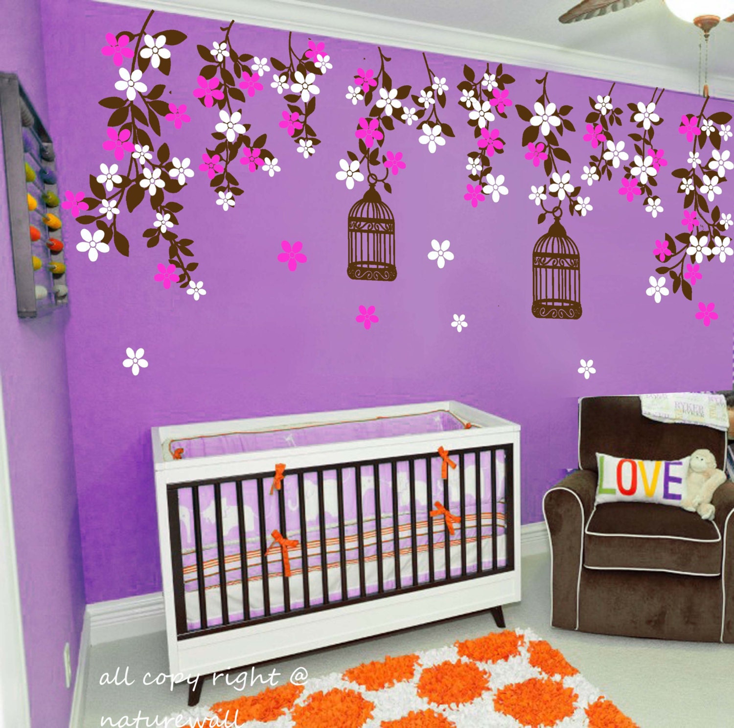 Nursery floral wall decals cherry blossom tree decals kids wall decals baby nursery decals pink white girl wall art- Cherry Blossom vines
