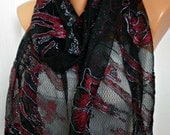 Black Lace  Scarf - Shawl  Scarf - Cowl Scarf  with Lace Edge -  Red Roses
