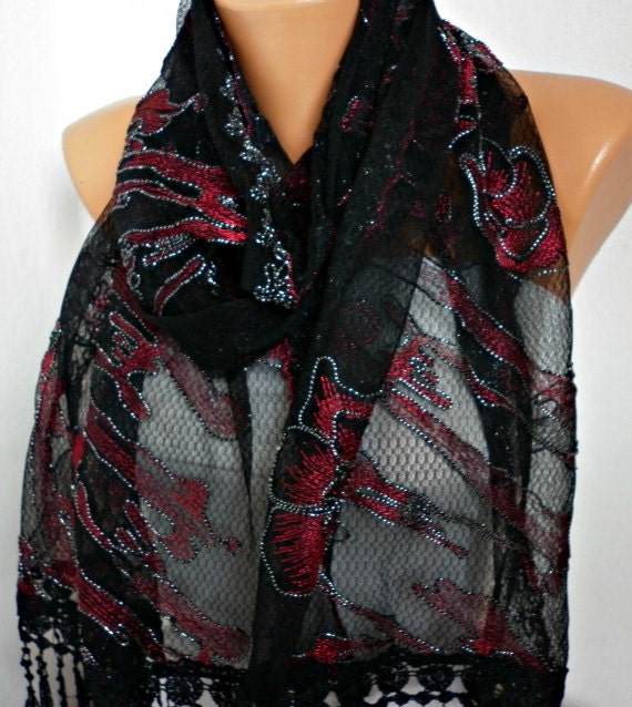Black Lace Scarf - Shawl Scarf - Cowl Scarf with Lace Edge - Red Roses