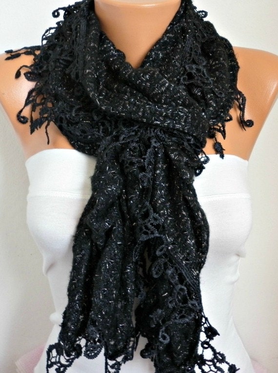Black Ruffle Scarf - Fabric Knitted Lace Scarf - Shawl Scarf Cowl Scarf  -fatwoman