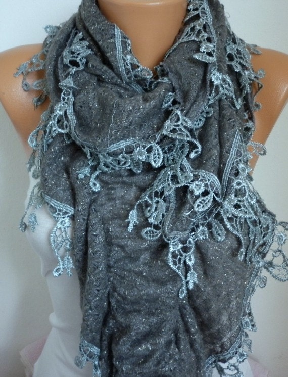 Gray Ruffle Scarf - Fabric Knitted Lace Scarf - Shawl Scarf Cowl Scarf -fatwoman