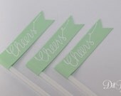 Spearmint - Mint Green Flag with Calligraphy Cheers Cocktail Stirrers or Drink Stirrers - 50 ct
