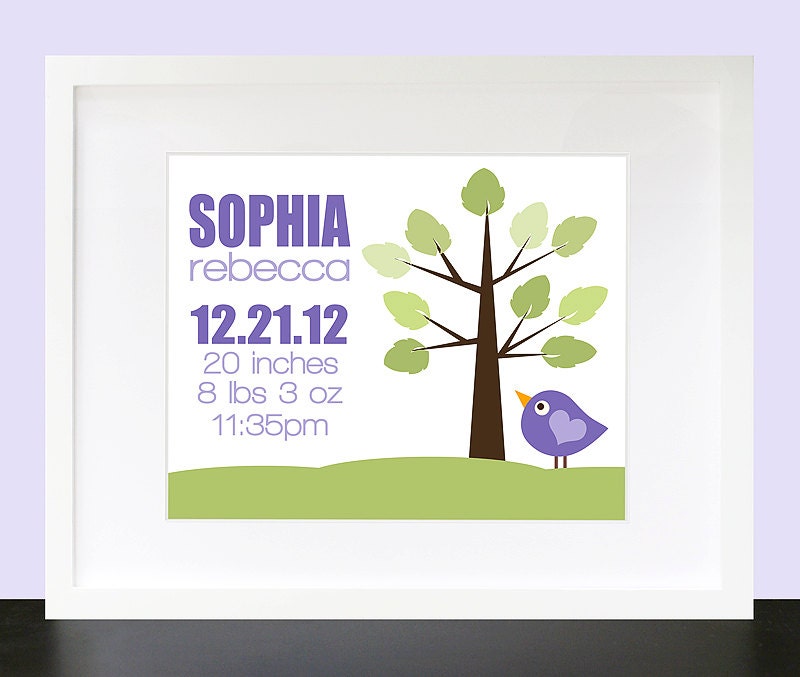 Tree and Bird Birth Announcement Wall Print. Birth Announcement Wall Art. Custom Birth Announcement. - 8x10 Baby Nursery Wall Art Poster