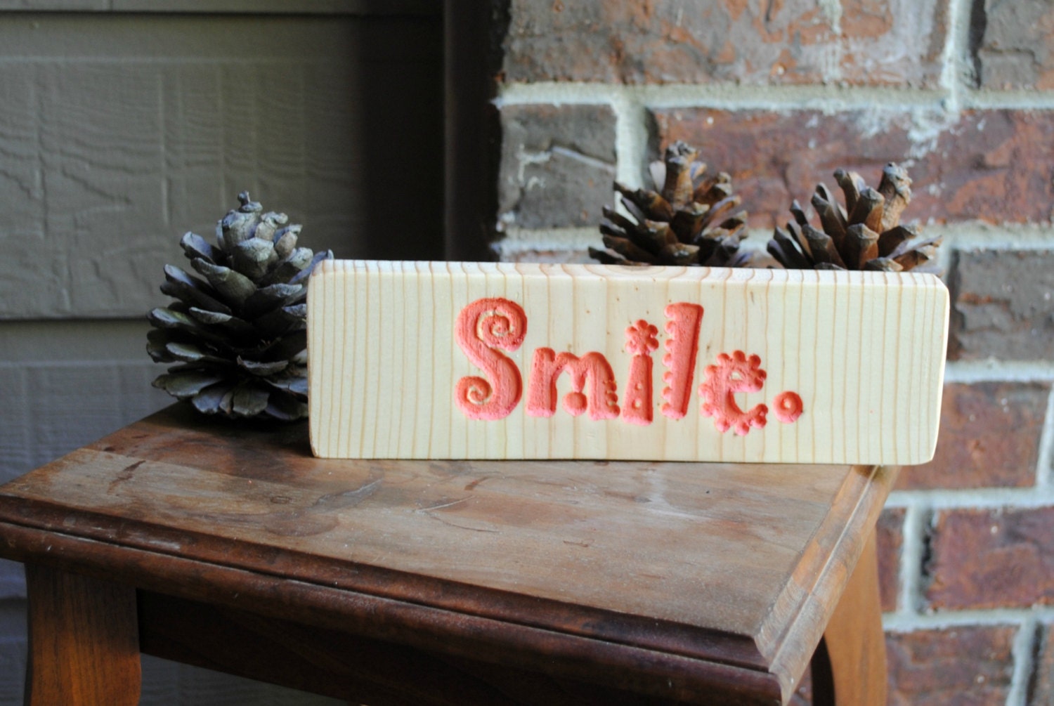 Smile Carved Wood Sign in Pink - Reclaimed Wood