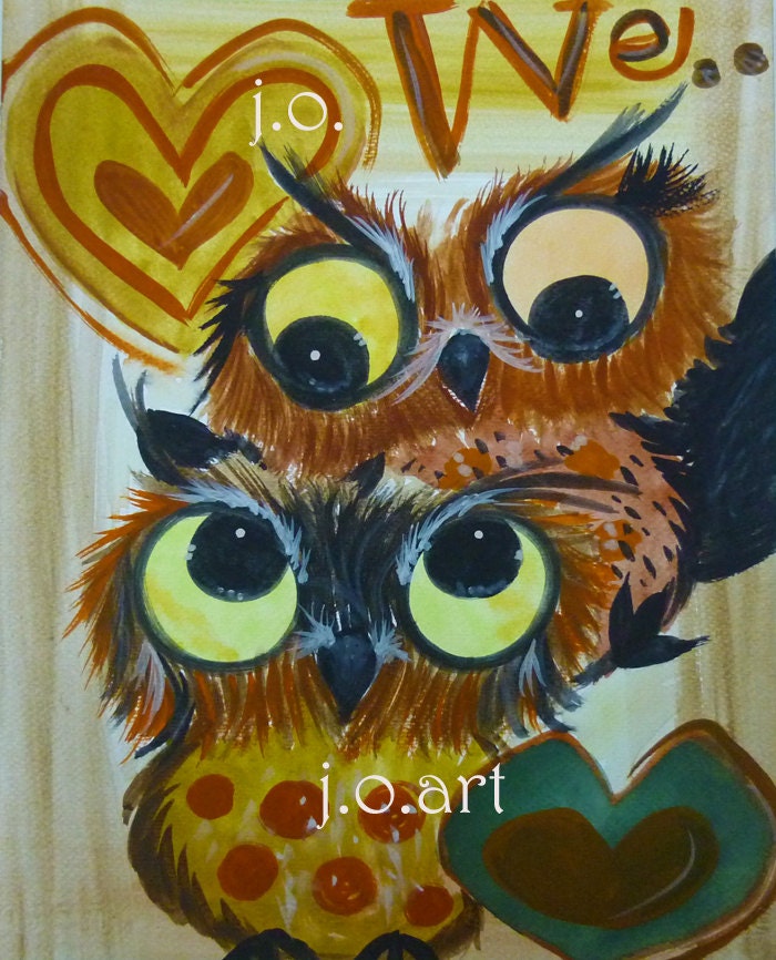 8x10 heart whimsical owl boy girl love  original painting