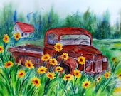 Watercolor Old Truck Sunflowers by Colorado Artist Martha Kisling