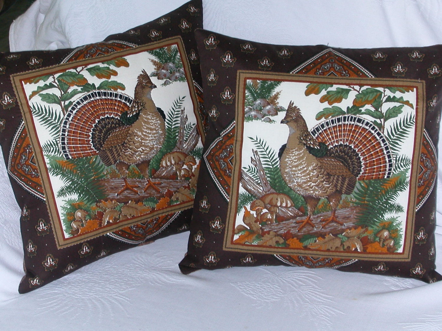 Hand Quilted PILLOW COVERS TURKEYS in Brown, Black, Cream and Golds Set of 2