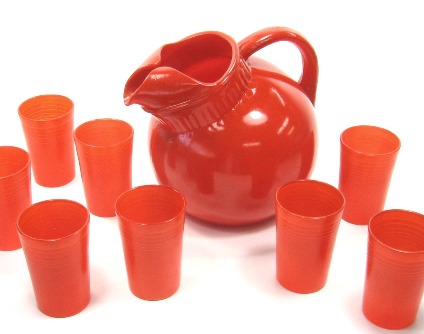 Vintage Painted Glass Red / Orange Ball Pitcher with Juice Glasses Set of Eight Anchor Hocking