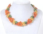 Vintage Orange and Yellow Lucite Flowers and Rhinestones Choker Style Necklace