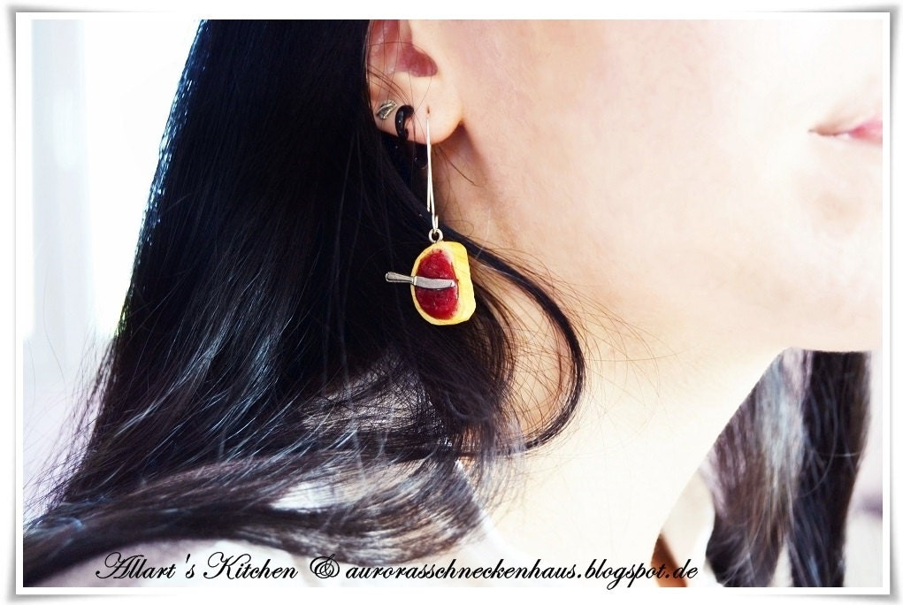 Miniature Food Earrings: Bread and Cherry Jam Jar - Miniature Food Jewelry - Miniature Jar - Kids Jewelry